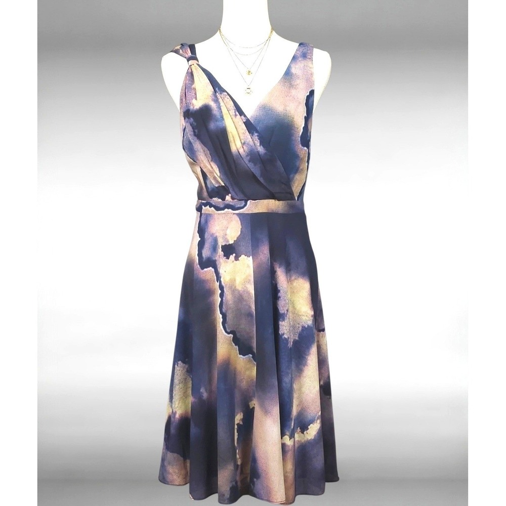 Silk Blend Watercolor Abstract Faux Wrap V Neck Pleated Midi Dress Women Size 4